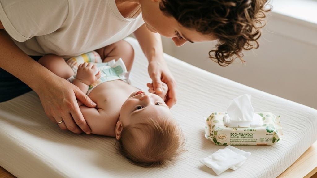Parent changing baby's eco-friendly diaper on natural cotton changing pad with plant-based wipes nearby