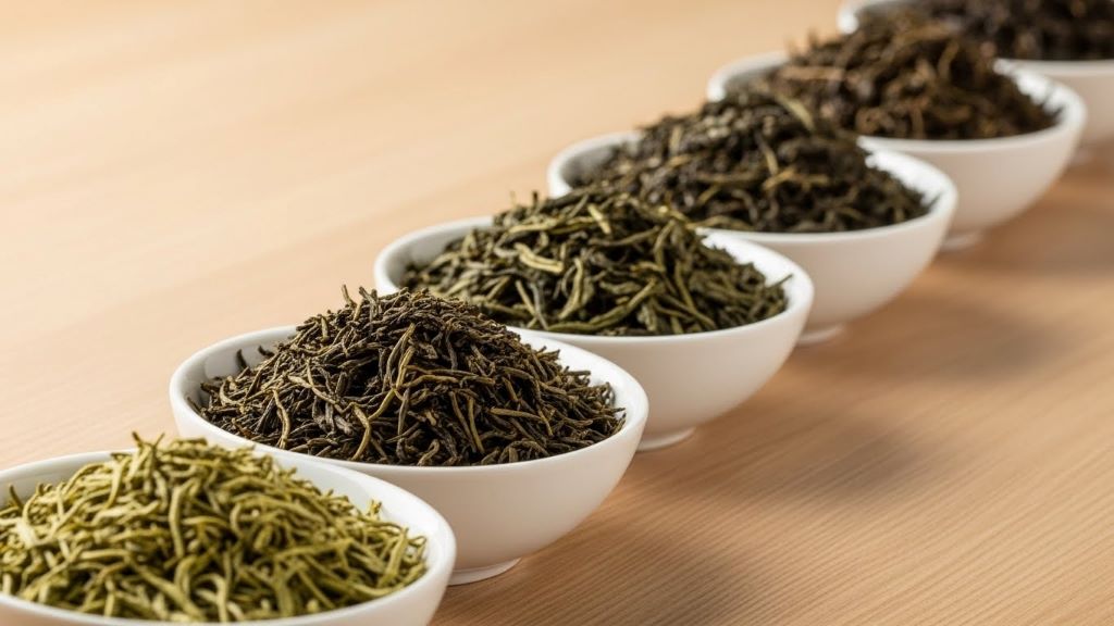 Comparison of different green tea oxidation levels from light to dark green dried leaves in white bowls