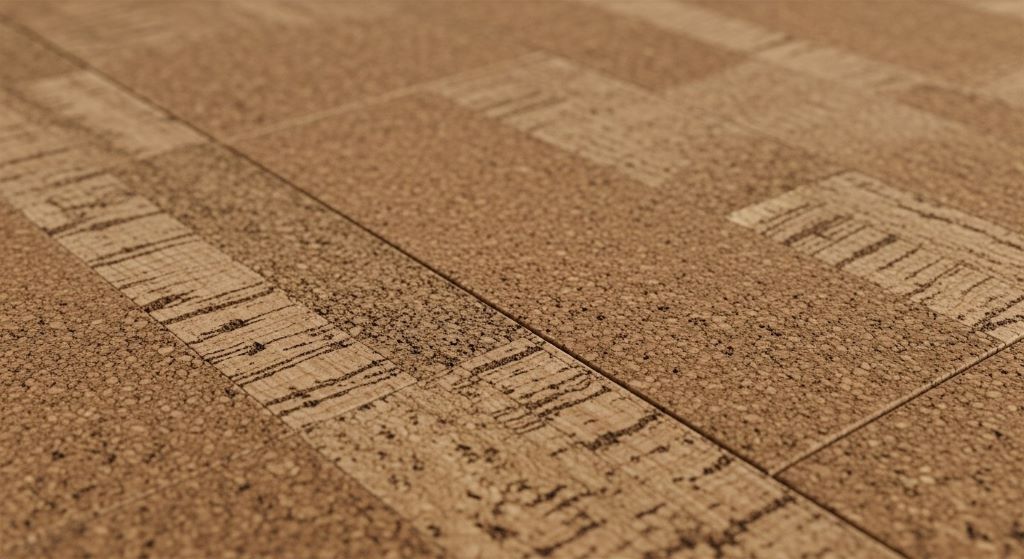 Cork floor tiles in warm brown tones displaying natural texture and pattern from sustainable cork oak tree bark harvest
