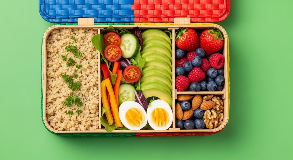 A colorful bamboo lunch box filled with fresh healthy food against a green background