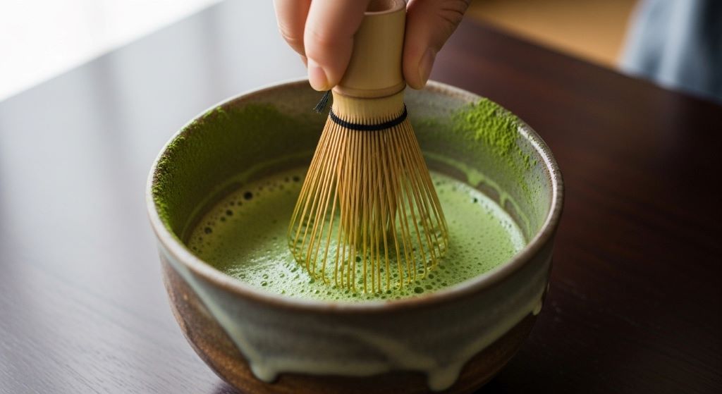 Bamboo Chasen whisk blending organic Matcha powder in a ceramic Chawan bowl for a traditional Japanese tea ceremony