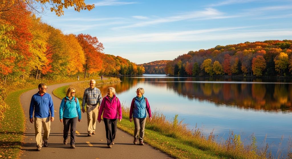 A group of walkers exploring a paved trail beside a calm Minnesota lake in autumn