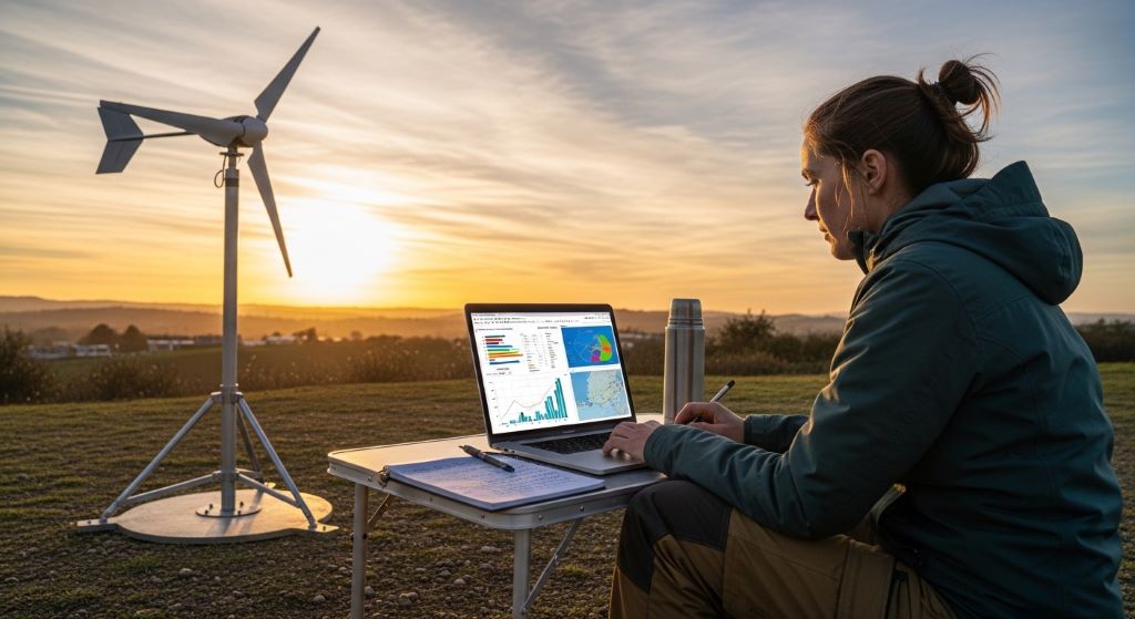 Entrepreneur reviewing wind resource assessment data on a laptop near a micro-wind turbine