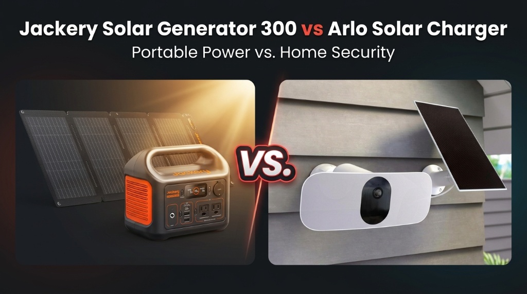 Comparison thumbnail showing the Jackery Solar Generator 300 portable power station and panel on the left versus the Arlo security camera and solar charger on the right.