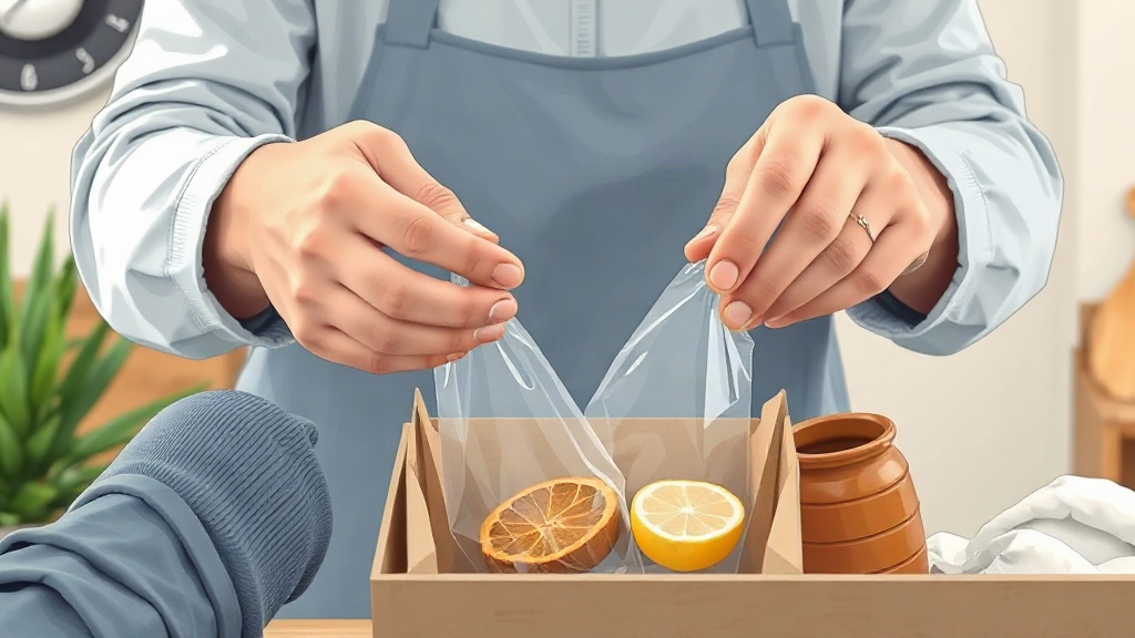 Hands in a blue apron open a clear bag over a box holding dried orange slices and a lemon half.