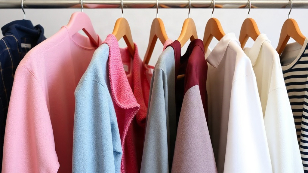 Clothes in pink, blue, red, white and striped fabrics hang on wooden hangers from a rail.