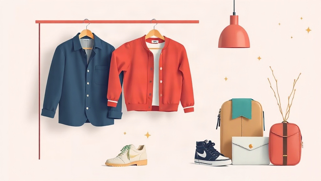 A blue shirt and red jacket hang on a rack above shoes, bags and a lamp.