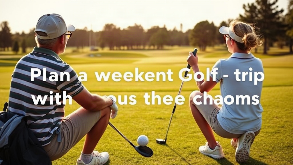 Two golfers crouch on a sunny fairway with a golf ball and clubs in front of them.