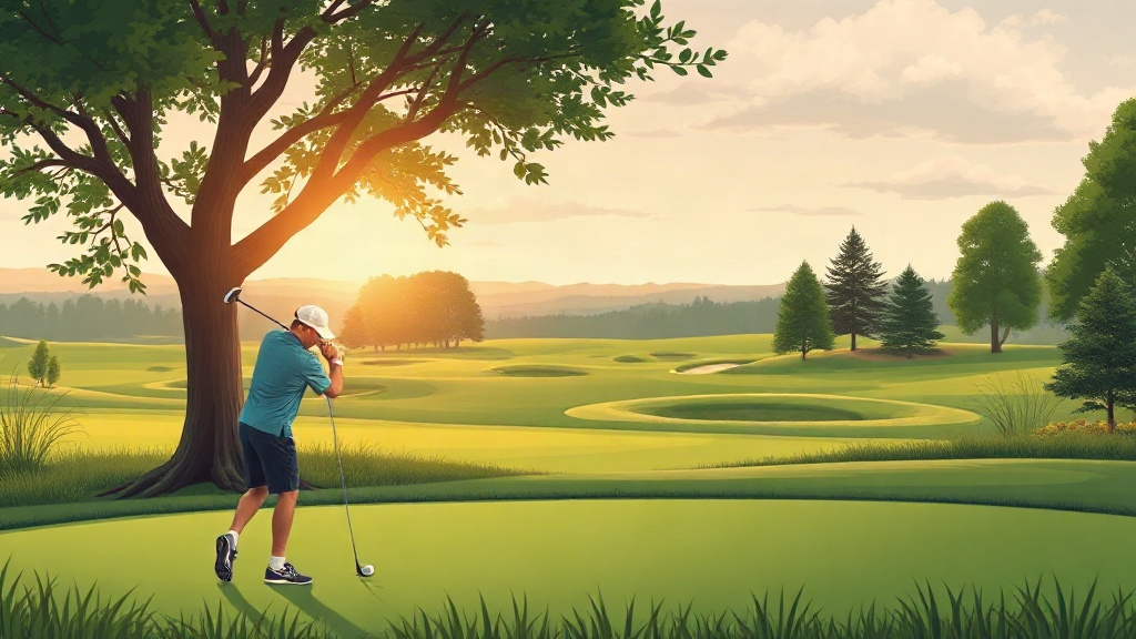A golfer swings a club on a grassy course at sunset near a large tree.